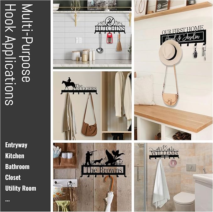 NIWAHO Personalized Family Name Metal Wall Sign with Hooks – Tree Key Rack Holder Wall Mount Customized Name for Entryway, Mudroom, Kitchen, or Cabin Decor