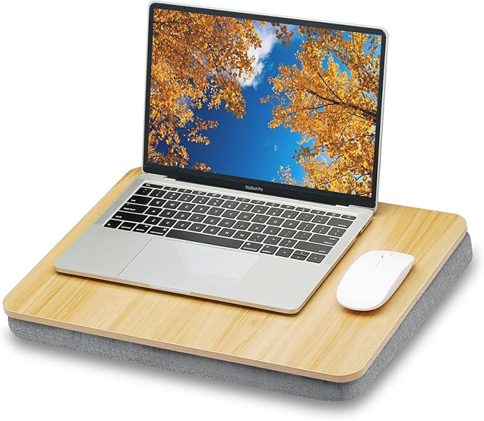 ZEAPTAC Lap Desk with Pillow Cushion, Portable Laptop Bed Desk, Fits up to 15.6 inch Laptop, Lap Stand for Bed & Couch & Carpet, Book Tablet/Drawing Board - Light Brown Wood