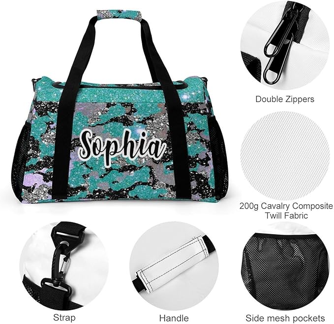 Personalized Teal Blue Camouflage Sequin Print Duffle Bags (Can Store Shoes) with Name for Women Man Custom Travel Perform Training Bags