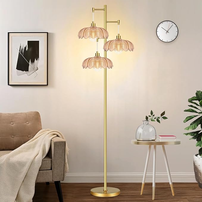 ILLMTW Floor Lamp for Living Room,Bedroom,Gold Mid Century Modern Standing Lamp Brass Tree 3 Light Tall Floor Lamps Vintage Retro Floor Lights Glass Flower Lamp Shade Farmhouse Boho Bohemian