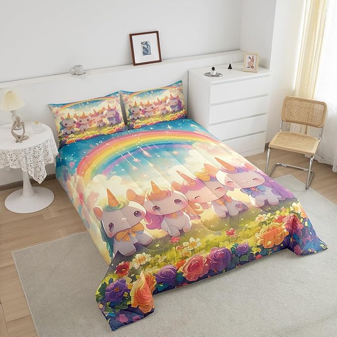 Unicorn Comforter Set King Size,Reversible Cute Unicorn Rainbow Cartoon Horse Animal Bedding Set All Season Quilt Set,Kawaii Style Flowers Galaxy Cloud Microfiber Polyester Down Comforter