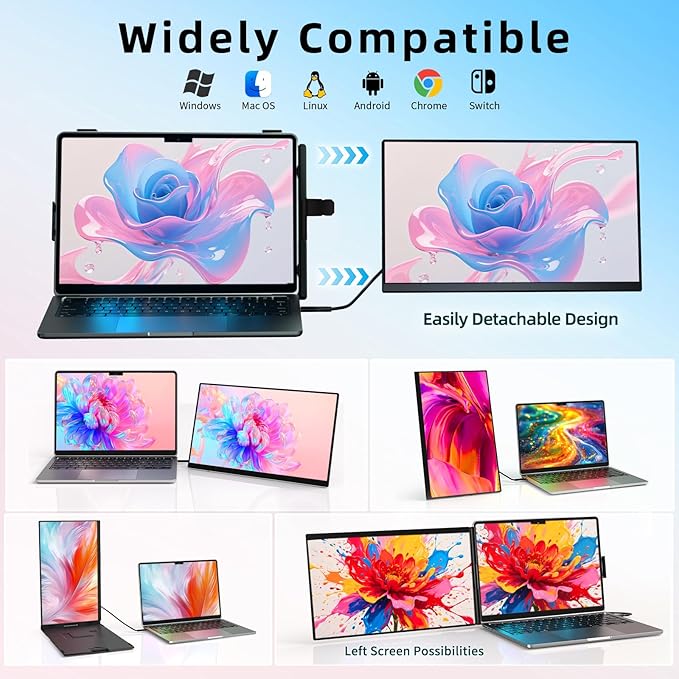 BKVOO Laptop Screen Extender Dual Monitor - 15.6" Portable Monitor Detachable IPS 1080P FHD 85% NTSC Travel Screen USB-C HDMI Port Compatible with Wins Mac Chrome Dex Fits 13-17" Laptops