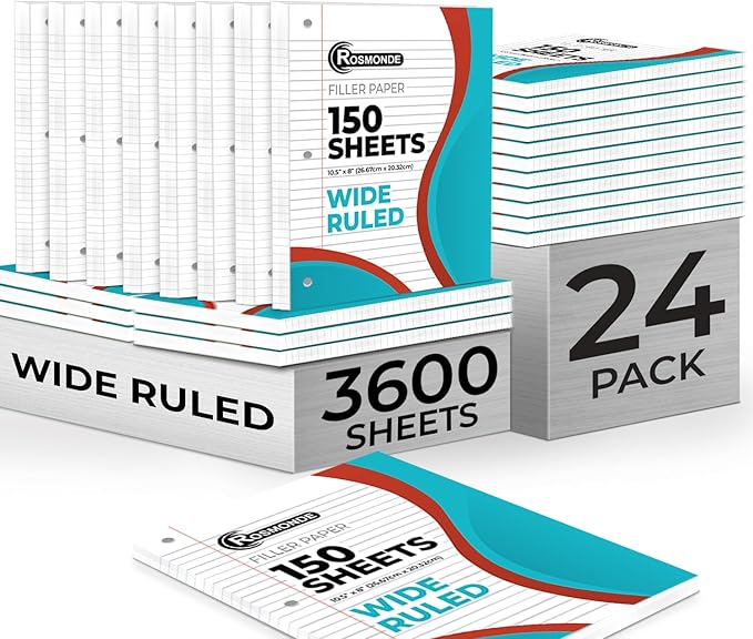 Rosmonde Loose Leaf Paper Bulk, 3600 Sheets, Wide Ruled, 8 x 10.5", Bulk Filler Paper for Office, 56 Gsm Thick Sheets, 3 Hole Punched for Binders, 24 Pack, 150 Sheets/Pack, Notebook Papers, White