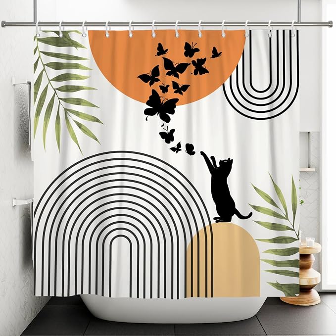 Mid Century Cat Shower Curtain Abstract Boho Geometric Minimalist Black Cat Butterflies Green Leaf Aesthetic Shower Curtain for Bathroom Decoration Accessories with Hooks 48x72 inch