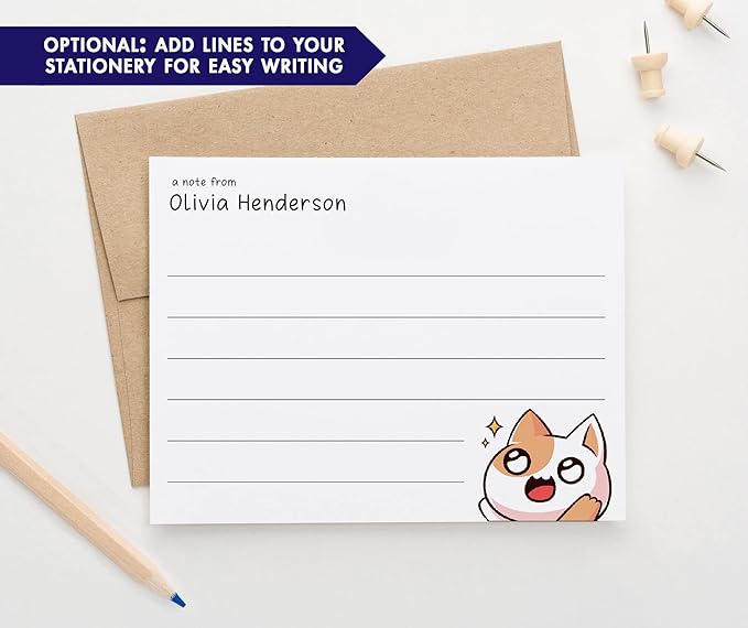 Personalized Kawaii Stationery Set for Kids Japanese Note Cards, Custom Kawaii Stationary Notes, Kawaii Cat Notecards for Girls, Your Choice of Colors and Quantity