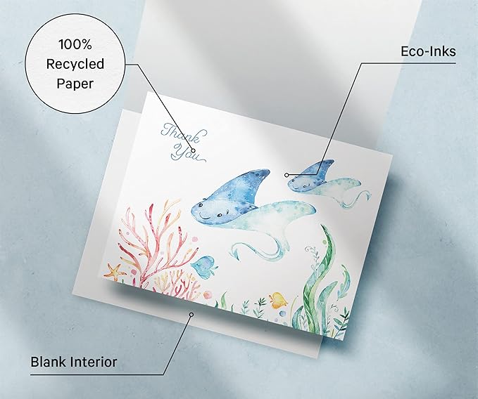 Twigs Paper Thank You Card Set - 12 Assorted Greeting Cards For All Occasions - Thank You Cards with Envelopes - Appreciation Cards - Eco Friendly - Made In USA - 5.5 x 4.25 Inch Size - Ocean Themed