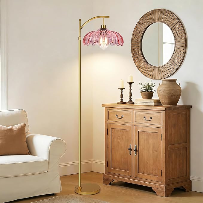 Pink Floor Lamp for Living Room,Bedroom,Glass Mid Century Modern Standing Lamp with Remote,Dimmable Gold Tall Lamp Vintage Arc Floor Lamps Flower Girls Kids Light Boho Bohemian