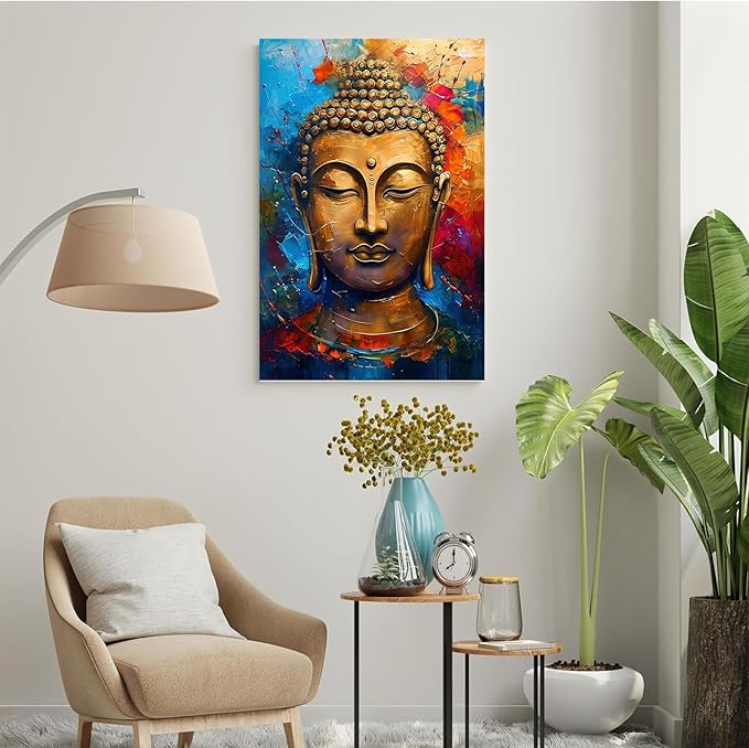 Golden Serenity Buddha Vintage Painting Wall Art Spirituality and Modern Art Wall Decor Adds Brilliance to Vibrant Home Decor 16x24in Wood Framed