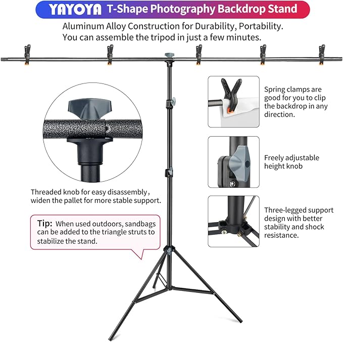 White Backdrop with Stand, 6x9 ft White Photo Backdrop Curtain with 6.3x6.5 ft Background Stand, Portable Back Drop Support Kit with Carrying Bag, 5 Strong Spring Clamps