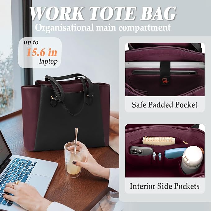 RAINSMORE Laptop Bag for Women 15.6 Inch Work Tote Bags Waterproof Computer Bags Leather Professional Laptop Purse Womens Laptop Briefcase Large Handbag for Office Teacher Travel, Black and Purple