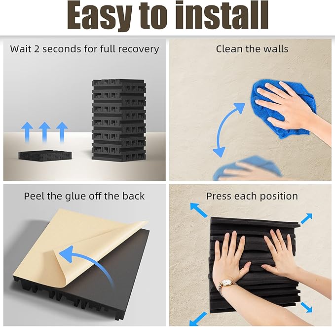 12 Pack Sound Proof Foam Panels for Walls, 12" x 12" x 2" Self-Adhesive Acoustic Panels, High-Density Soundproof Wall Panels for Studio Home and Ceilings (Black)