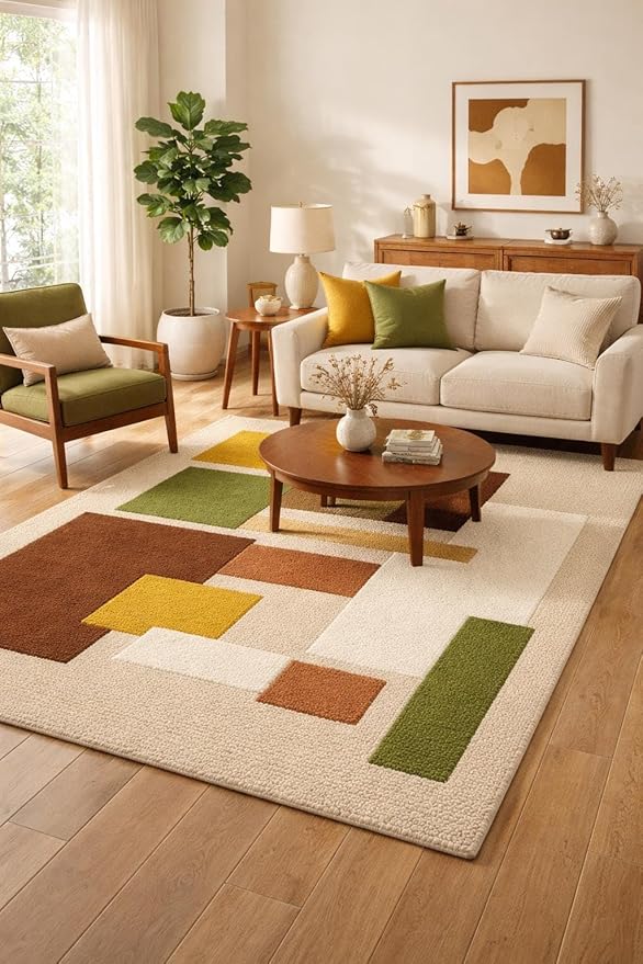 Hand Tufted Wool Geometric Rug-Mid-Century Modern Abstract Geometric Wool Earth Tone Green, Mustard & Terracotta Rug - Handmade Tufted Area Rug for Home Decor (8x8 Square Feet)