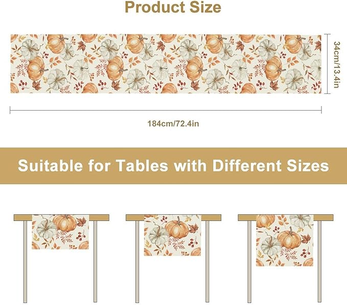 Pumpkin Table Runner Fall Orange White Colorful Leaves Berries Thanksgiving Watercolor Illustration Rustic Decor for Farmhouse Indoor Outdoor Party Holiday Dining Kitchen Restaurant Cafe W13xL120in