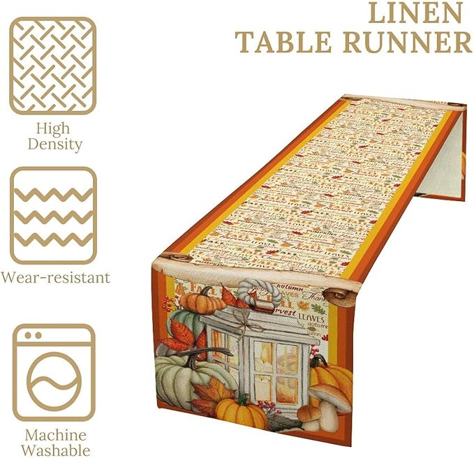 Fall Pumpkin Table Runner Rustic Farmhouse Mushrooms Leaves Berries Lanterns Thanksgiving Theme Home Decor for Farmhouse Indoor Outdoor Party Holiday Dining Kitchen Restaurant Cafe W13xL60in