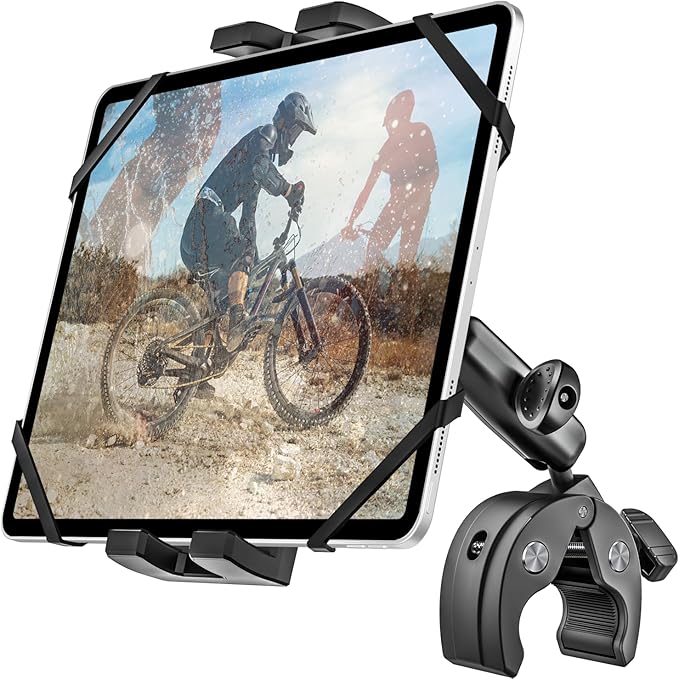 Metal iPad Tablet Mount Holder for Boat Helm, Wheelchair Pole, Bike, Motorcycle, Stroller, Fitness bike, Road Mountain Bicycle, Scooter Handlebar Clamp for 4.7-13" iPad Pro, Air, Mini, iPhone, Galaxy