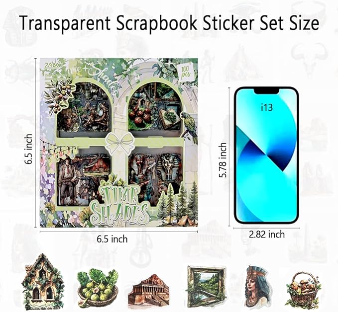 Scrapbooking Stickers Set for Adults, 100 Sheets 3.1 x 3.1 Inches Diecut Time Shades Theme, Clear PET Stickers for Journaling, Junk Journal Supplies, Collage, Scrap Book, DIY Crats Arts
