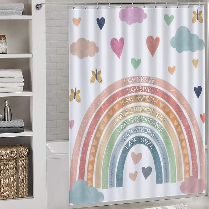Pastel Rainbow Shower Curtain for Bathroom, Kids Girls Baby Boho Cute Inspirational Motivational Quotes Rainbow Colorful Waterproof Fabric Shower Curtain Set with Hooks, 72"x72" Inch