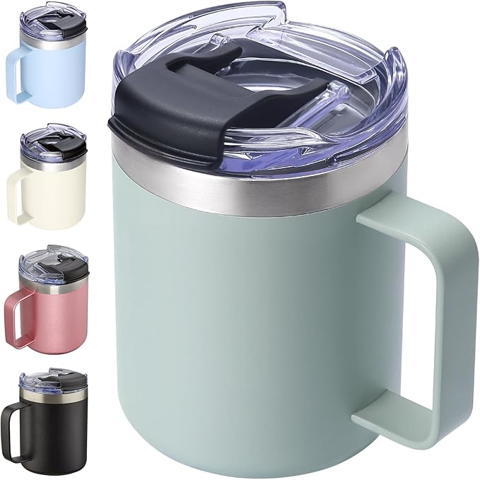 ALOUFEA 12oz Insulated Coffee Mug Cup with Handle, Stainless Steel Travel Coffee Mug with Flip Lid, Double Wall Vacuum Coffee Tumbler,Sage
