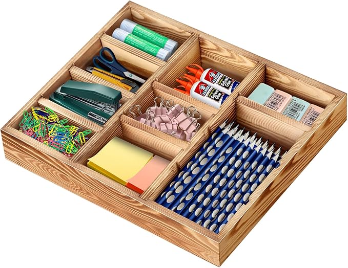 TEESSFROOD Desk Drawer Organizer Tray with 9 Adjustable Compartments, Wooden Office Desk Accessories Supplies Organization Storage for Desktop Bathroom Vanity Makeup 12" x 9" (Brown)