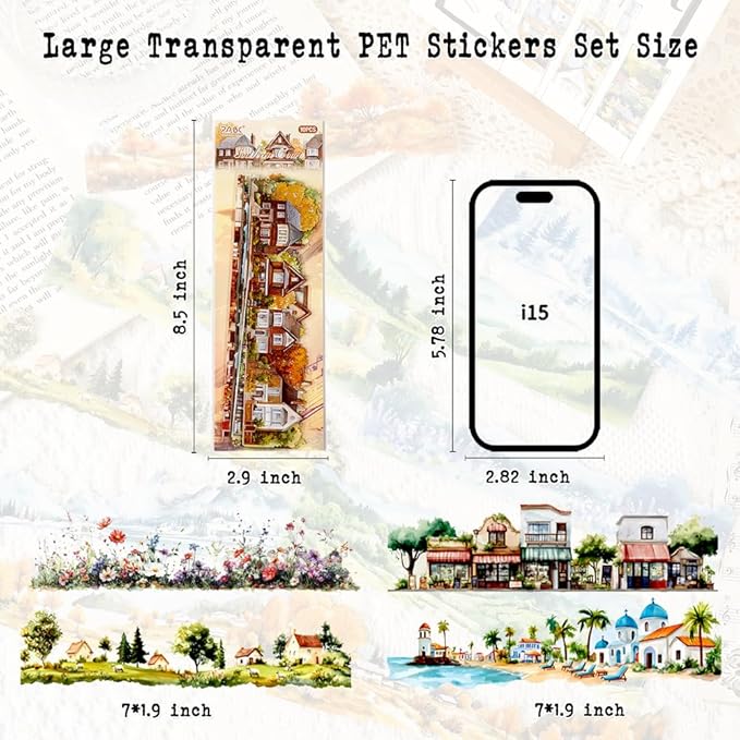 Dwpetzo Transparent PET Stickers for Journaling Scrapbooking, 60 Sheets Large Seasonal Landscape House Mountain Forest Wildflower Stickers Set for Junk Journal, Collage, Crafts Arts