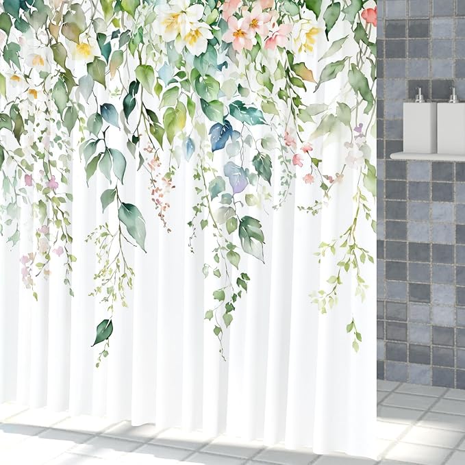 Sage Green Eucalyptus Shower Curtain Watercolor Botanical Floral Leaves Shower Curtain Set Spring Nature Bathroom Decor with 12 Hooks,72x96 Inches