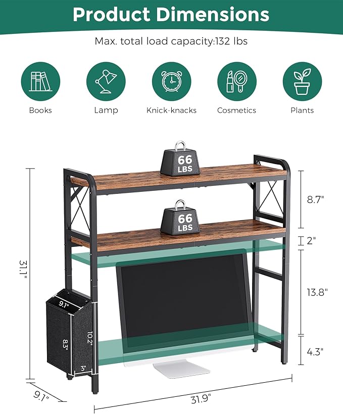 VERSASKY Desktop Shelves, Monitor Stand with Adjustable Shelves and Side Pockets, 2-Tier Desktop Bookshelf Organizer, Large Capacity Display Shelf Rack, Desk Hutch for Home Office, Rustic Brown