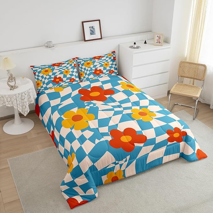 Castle Fairy Kids Vintage Groovy Daisy Flowers Bedding Comforters King Size,Abstract Blue Plaid Boys Girls Comforter Set Room Decor,70s Hippie Floral Modern 3pcs Bedding Set Chic Xmas Present
