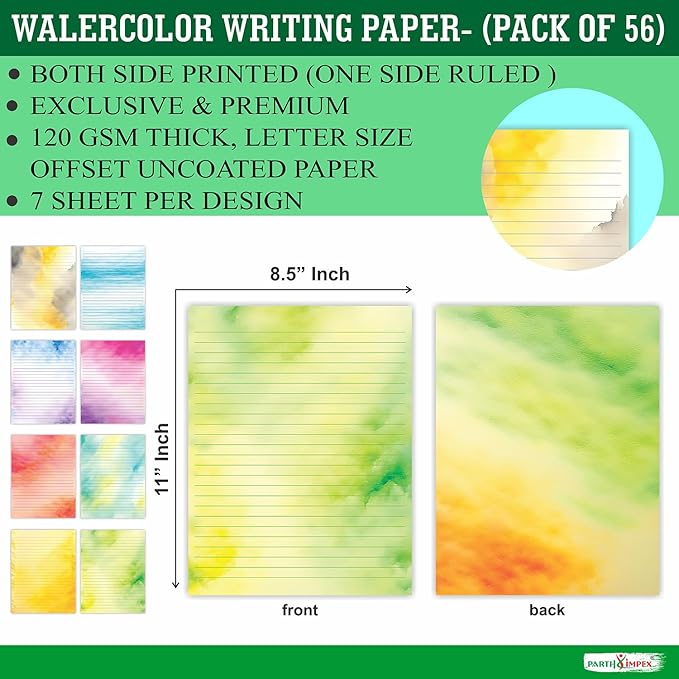 PARTH IMPEX 56 Sheets Watercolor Lined Writing Paper 8.5x11 - Letter Size Ruled Stationery Letterhead Printer Paper - 120gsm Thick Uncoated Decorative Colored Fancy Double Side Printing
