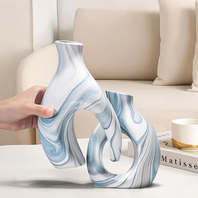 Blue Vases Set of 2, Modern Coastal Vase for Flowers, White vases for Table Centerpieces, Snuggle Hollow Vase Ceramic Decoration for Living Room, Nordic Boho Decor for Coffee Table Shelf