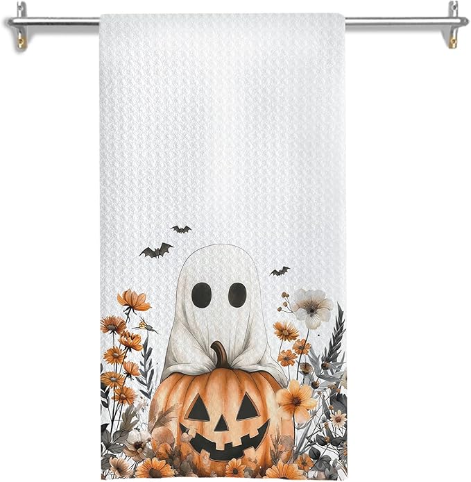 Halloween Ghost Pumpkin Kitchen Towels, Fall Floral Halloween Dish Tea Towels for Kitchen Decor, Rustic Autumn Wildflower Botanical Decorative Hand Towel for Bathroom, 16x24 Inches