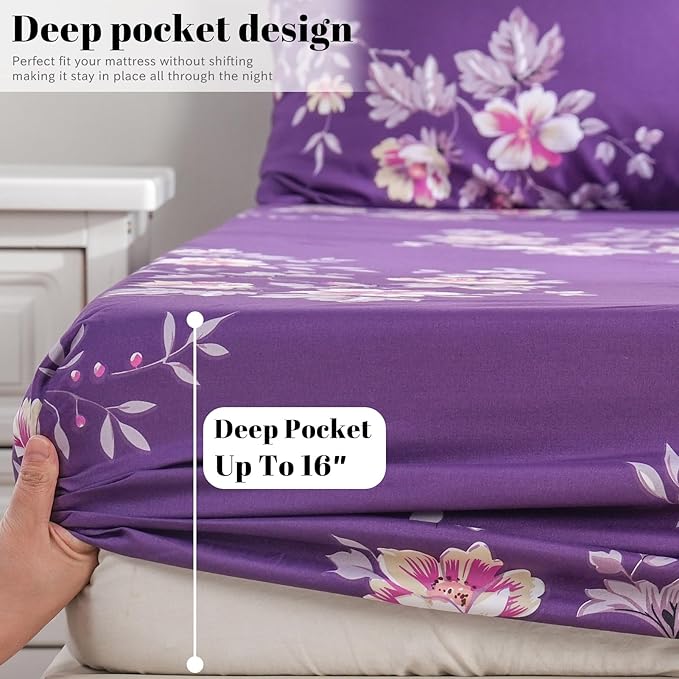 Bedlifes Full Sheet Set Ultra Soft, Breathable, Silky Flower Deep Pocket 100% Microfiber Bedding, 4 Piece Full Size Dark Purple Floral