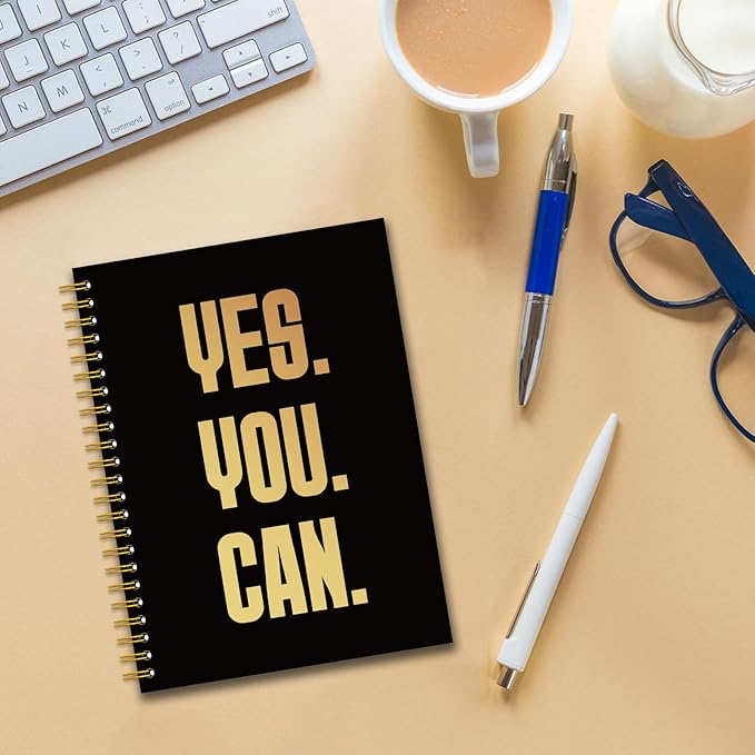 YAZMEEN Inspirational Quote Black Gold Spiral Notebook（160 Pages） Yes You Can Blank Hardcover Notebook Employee Appreciation Gift Office Notebook Gift Funny Encouragement Gift for Colleague Friend