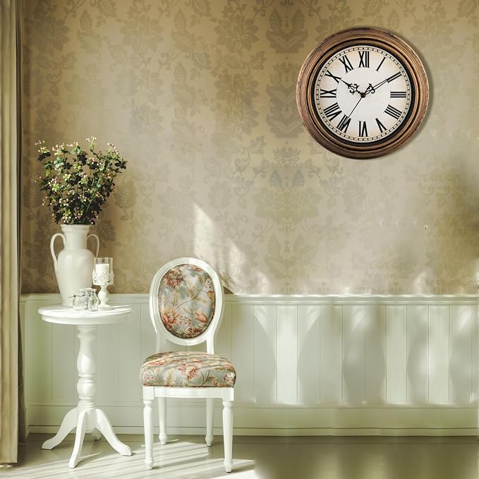 Plumeet Extra Large Retro Wall Clock, 16'' Non Ticking Classic Silent Vintage Wall Clocks Decorative Kitchen Living Room Bedroom, Roman Numerals, Battery Operated