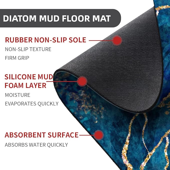 Diatomaceous Earth Bath Mat,Blue White Black and Gold Marble Non-Slip Volume Super Absorbent Fast Drying for Bathroom Kitchen Door mat,Eco-Friendly Easy to Clean 16×24Inch (40 * 60cm)