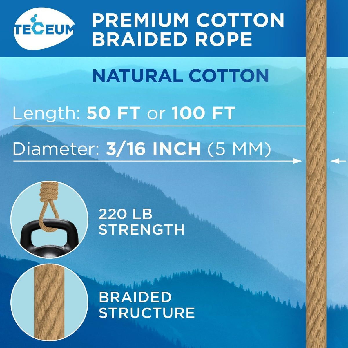 TECEUM Cotton Rope 3/16” (5 mm) – 100 FT – Strong All-Purpose Braided Rope – Natural Cotton – for Crafting, Сamping, Clothes Line, DIY, Indoor & Outdoor Use – Cappuchino