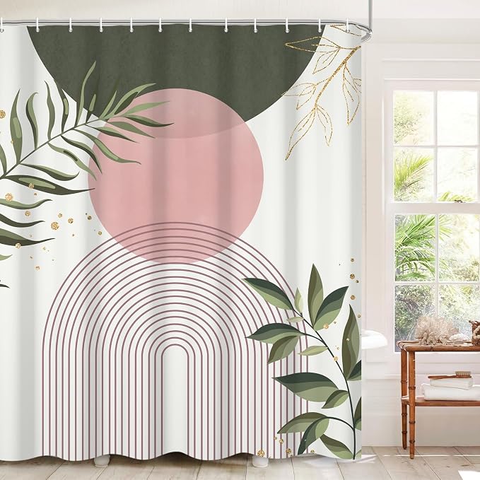 Boho Mid Century Shower Curtain, Pink Modern Minimalist Abstract Geometric Sage Green Gold Plant Leaves Bathroom Curtains Washable Waterproof Fabric Buthtub Curtain Set with Hooks 66" Wx72 L