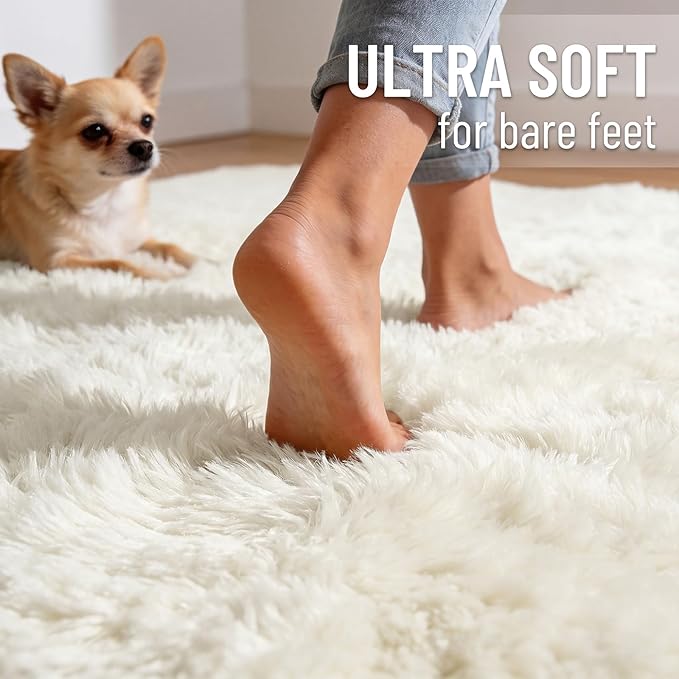 OLANLY 6x10 Machine Washable Large Area Rugs for Living Room, Bedroom, Soft Fluffy Shaggy Bedside Rug, Indoor Floor Carpet for Kids Girls and Boys, Dorms, Nursery, Home Decor Aesthetic, Ivory