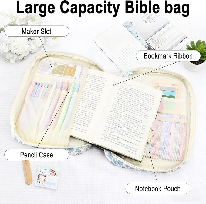 Lestp Bible Cover Case Study Supplies for Women Gifts Large Bible Cover with Highlighters Pens Tabs Cute Quilted Carrying Case Journal Kit Accessories Christian Gifts Sticky Notes A