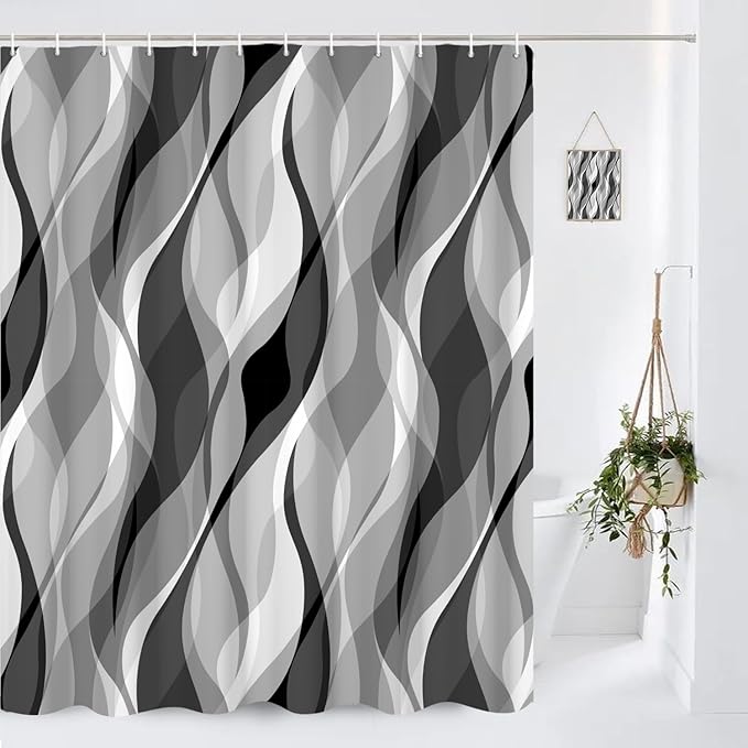 Grey Shower Curtains Black and White Modern Abstract Striped Bathroom Curtain Minimalist Geometric Polyester Shower Curtain Sets for Bathroom Extra Long 72x108 in with 12 Hooks