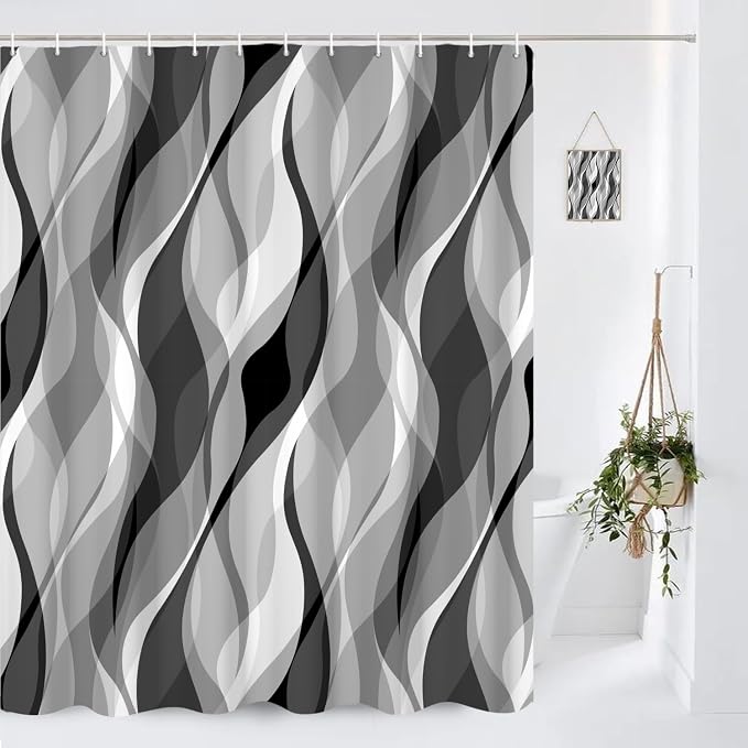 Grey Shower Curtains Black and White Modern Abstract Striped Bathroom Curtain Minimalist Geometric Polyester Shower Curtain Sets for Bathroom Extra Long 72x84 in with 12 Hooks