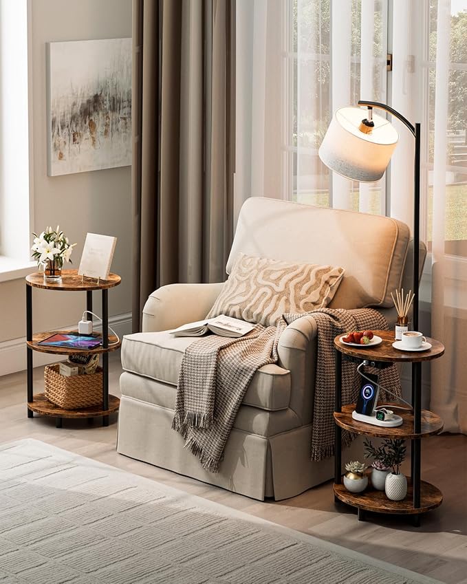 Round Side Table with Lamp and USB Ports, 3-Tier Small End Table for Living Room & Bedroom, Rustic Wood Metal Nightstand for Small Spaces, Easy to Assemble, Rustic Brown