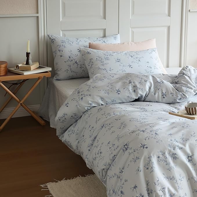LifeTB Vintage Blue Floral Duvet Cover Queen 100% Cotton Retro Flower Bedding Comforter Cover Boho Garden Floral Bedding Set Farmhouse Cottagecore Duvet Cover with Zipper Closure 4 Ties