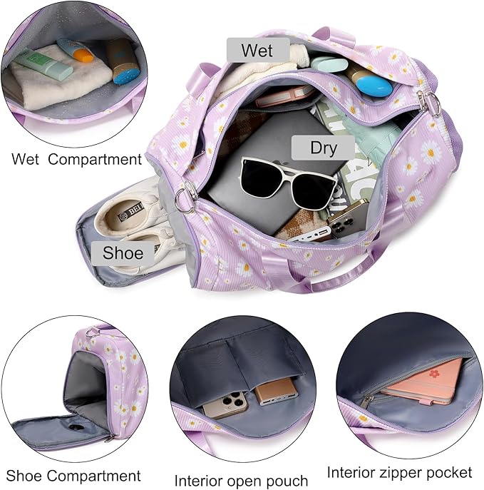 Dance Ballet Bag for Girls Teen Travel Duffel Sports Gym Yoga Cheer Weekender Corduroy Daisy Dance Bags with Shoe Compartments（purple daisy）
