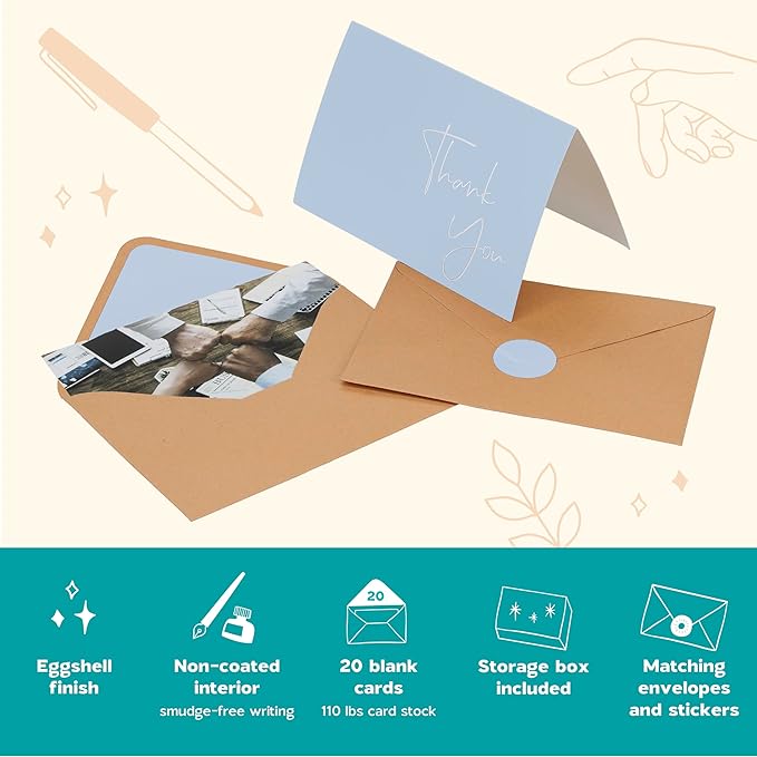 VNS Creations 20 Pack Thank You Cards With Envelopes, Stickers, 4x6 Inch Blank Thank You Notes - Bulk Box Set Large Notes for Graduation, Wedding, Small Business, Baby & Bridal Shower - Light Blue