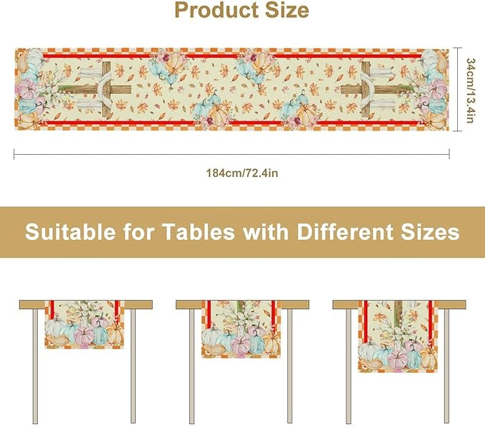 Watercolor Pumpkin Table Runner Fall Flowers Falling Leaves Cross Harvest Season Thanksgiving Rustic Home Decor for Farmhouse Indoor Outdoor Party Holiday Dining Kitchen Restaurant Cafe W13xL108in