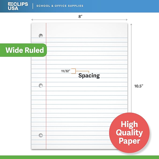 Wide Ruled Loose Leaf Paper Wide Ruled Notebook Paper Lined Writing Filler Paper 10.5” x 8” 56 gsm 4500 Sheets 150 Sheet Per Pack (36 Pack)