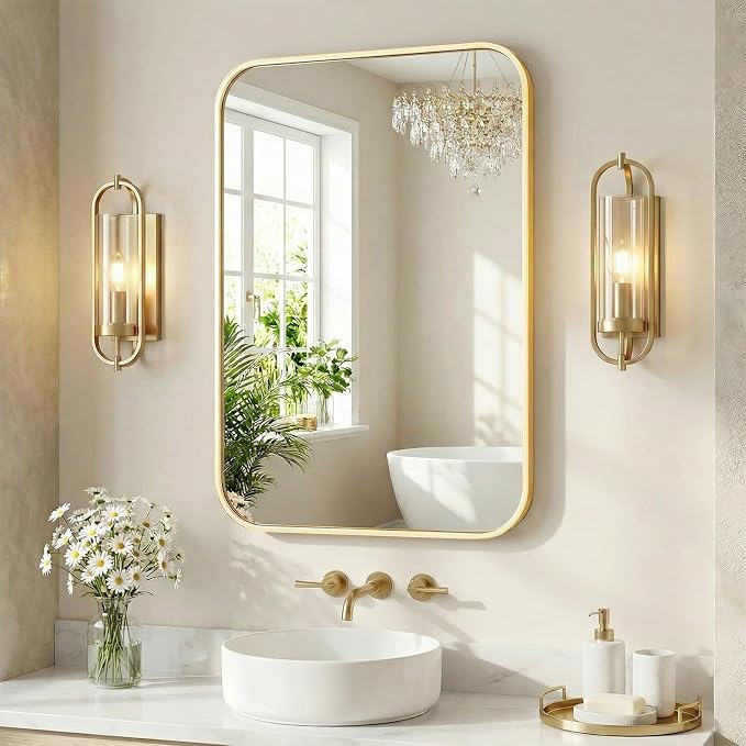 Sweetcrispy Bathroom Mirror for Over Sink, 30x40 Inch Wall Mount Mirror with a Rounded Rectangle and Matte Metal Frame, Modern Wall Vanity Mirror for Home Decor, Living Room, Bedroom, Gold