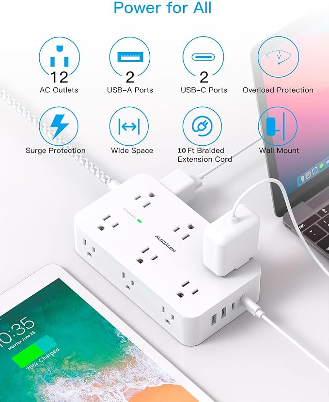 Extension Cord 10 Ft, HANYCONY Surge Protector with 12 Outlets 4 USB Ports (2USB C), Large Desk Power Strip with Long Cord, Flat Plug, Wall Mount for Office Home College Dorm Room Essentials, White