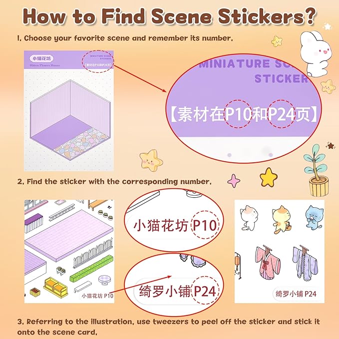 ASTARON 20 Sets DIY 3D Sticker Scene Book Sticker Therapy for Adults, Make Your Own Mini Cozy Shop House Room Stickers Cute Cartoon Miniature Stickers, Relief Stress Pass The Time