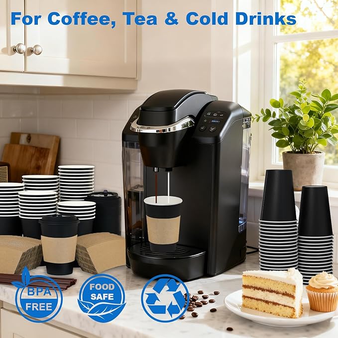 Coolcap 20 oz 50 Pack Coffee Cups with Lids and Sleeves, Straws, Hot Disposable To Go Travel Paper Cups Bulk for Office, Home Coffee Bar Accessories, Chocolate, Cocoa, Beverage (Black)